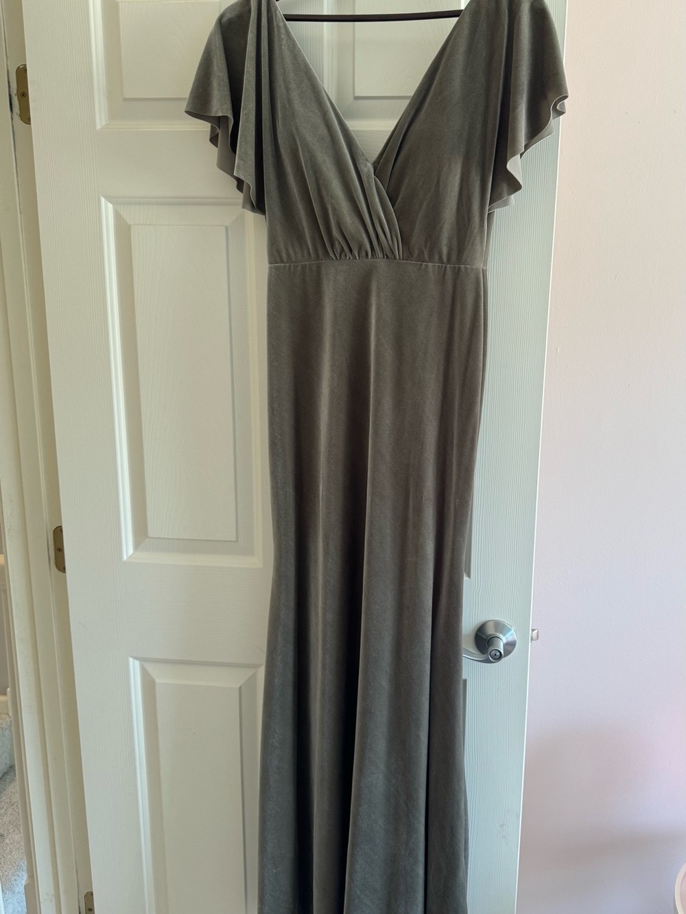 Jenny Yoo Olive Gray Wrap Maxi Dress with Flutter Sleeves
